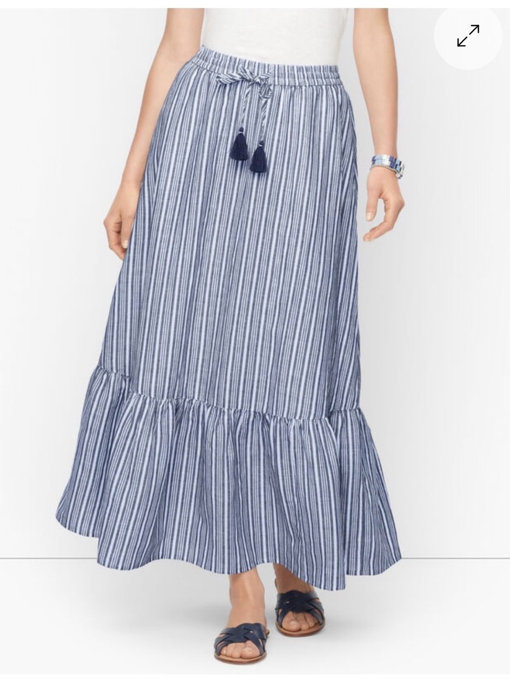 NWT Talbots Linen Cotton Tiered Maxi Long Skirt Large Pockets Blue White Stripe